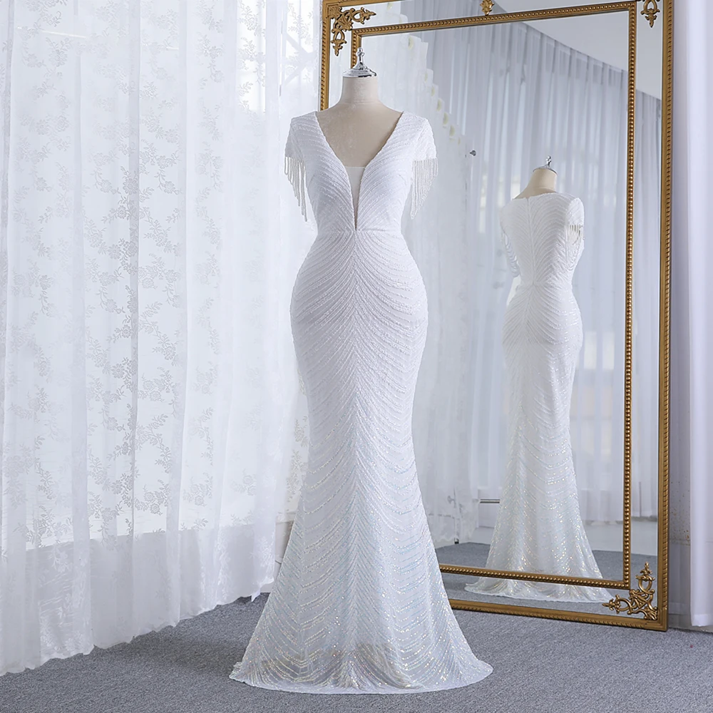 New Arrival Elegant White Wear Bridal Luxury Beaded Sleeveless Summer Natural Waistline Fishtail Women wedding Gowns Dress