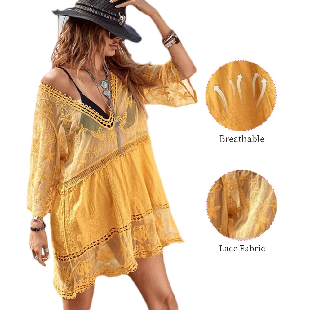 Chiffon Solid Color Lace Embroidered Loose Beach Cover Up Lace Half Sleeve V-Neck Holiday Bikini Cover Up Beach Dress