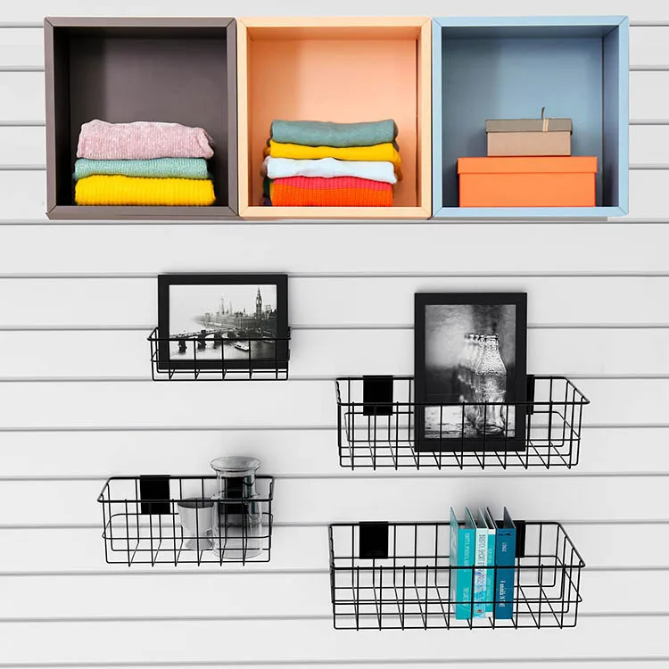 JH-Mech 4 Pcs Slatwall Panel Hanging Wire Basket Large Capacity Adjustable Height Zinc Plated Metal Wire Basket