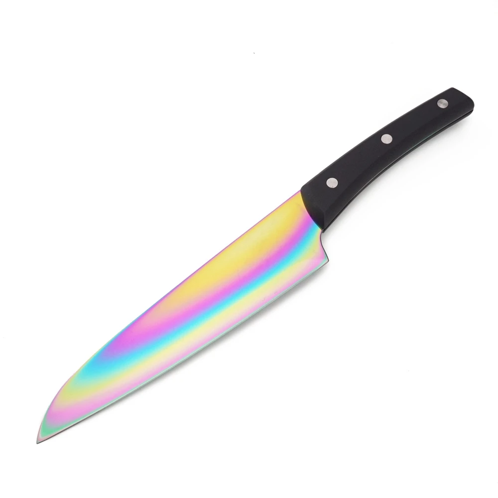 6-Pieces Kitchen Knife Set With Rainbow-Finished Titanium Coating Blade Pack In A Acrylic Block