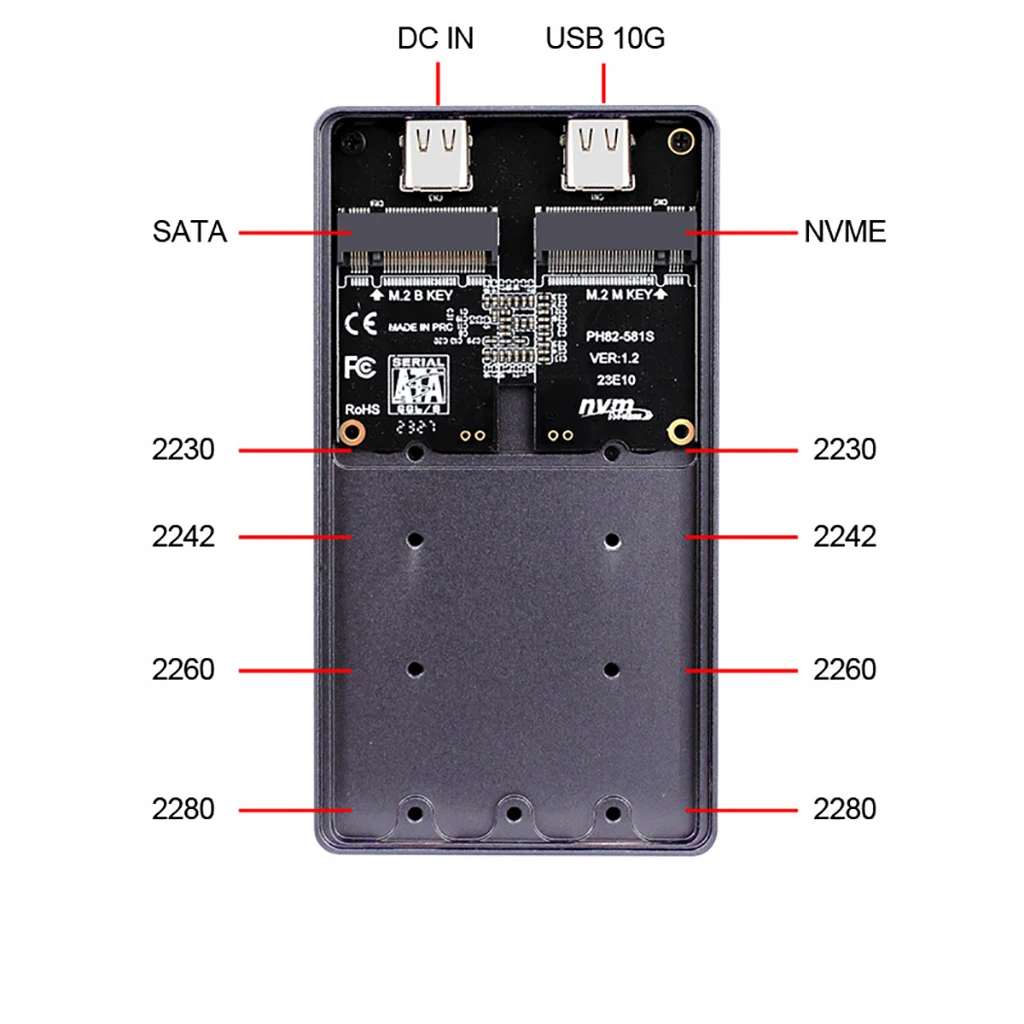 M.2 NVME SATA SSD External Enclosure Dual Protocol Case USB3.2 10Gbps for M2 NGFF NVME PCIe 2230 2242 2260 2280 SSD Case