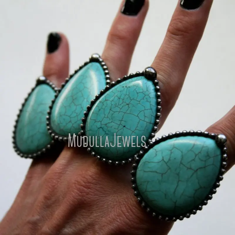 RM42034 Turquoise Howlite Teardrop Ring Large Turquoise Adjustable Statement Ring Gemstone Witch Wicca Boho Desert Ring