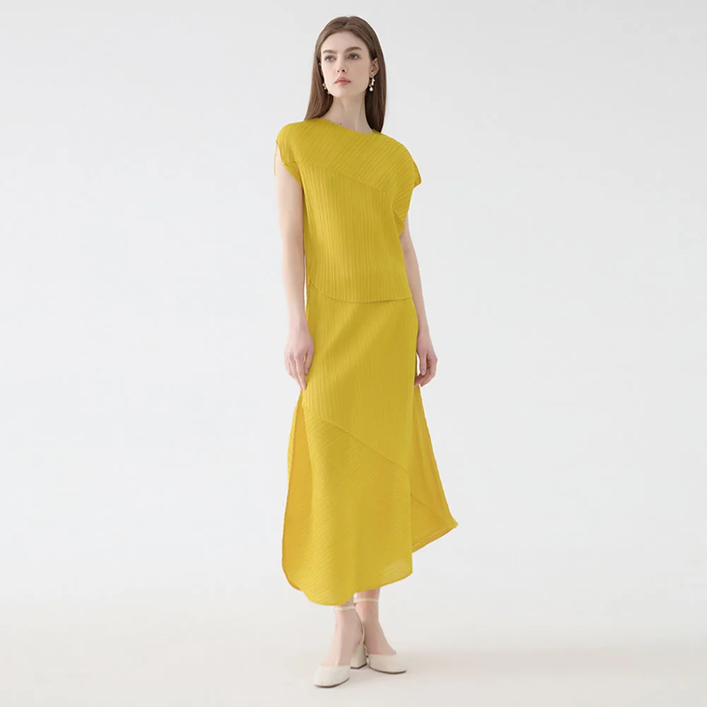 High quality miyake 2 pieces set solid color women irregular hem pleated skirt loose summer casual vacation outfit