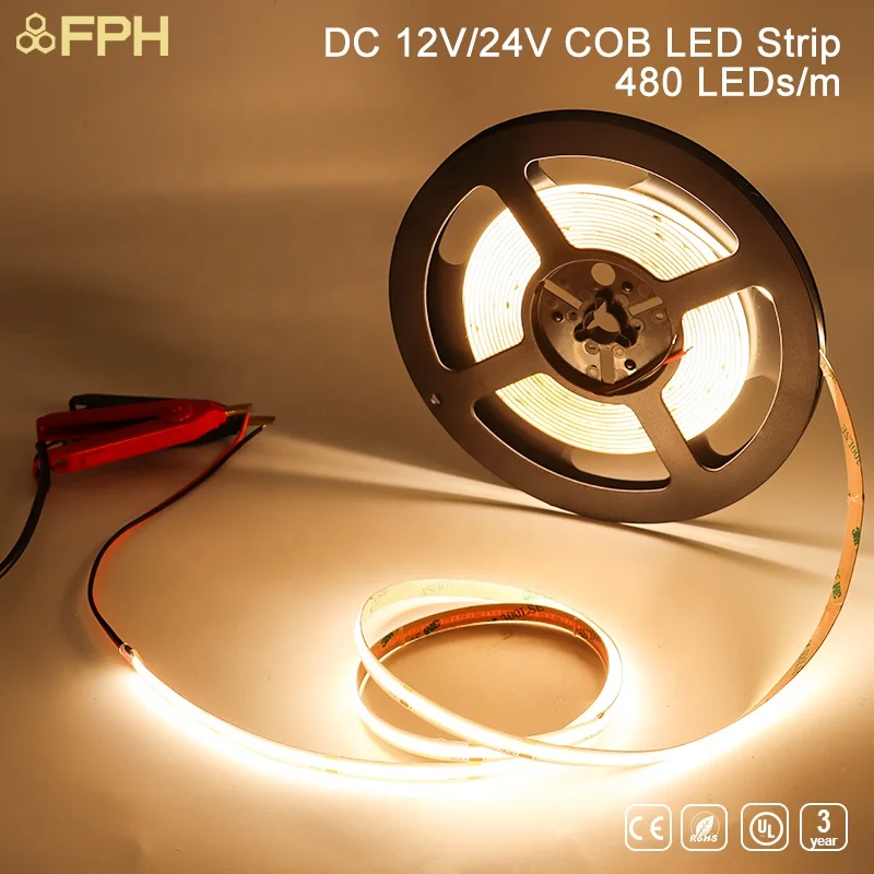8mm Wide 480LEDs/m Dc12v 24v Free Cuttable 12v Led Strip IP20 IP65 IP66 Led Cob Strip Light