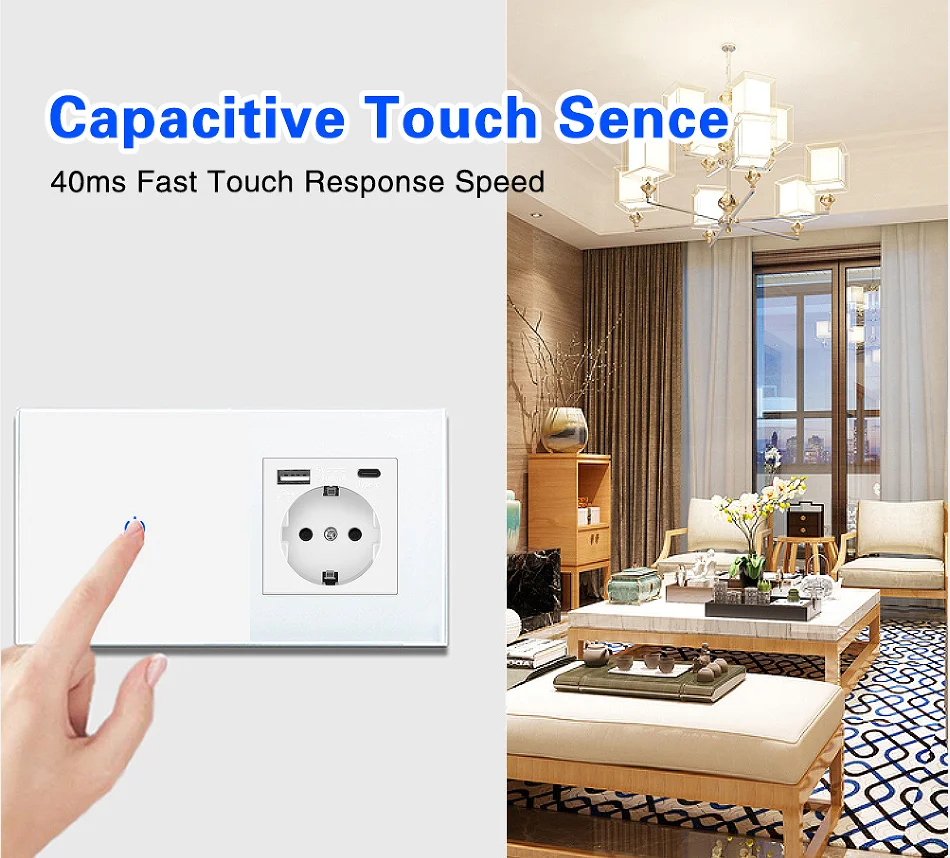 OEM   EU 45*90 wall double wifi  touch switch  and socket combination  smart method  tuya app control USB+PC