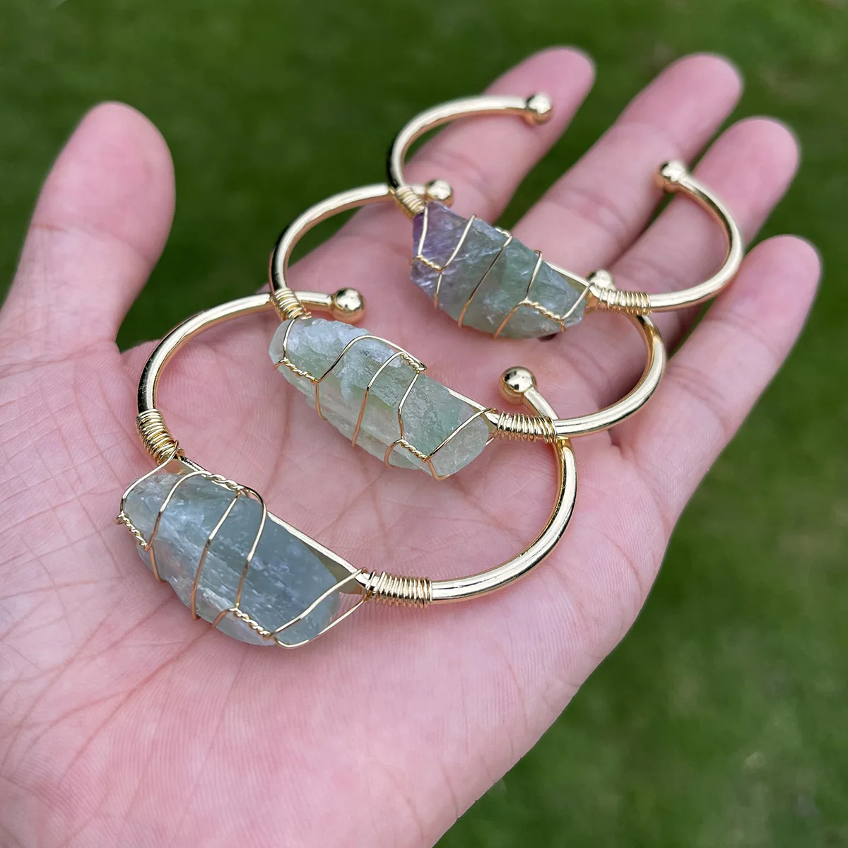 Wollet Personality Fashion Women Natural Powder Crystal Bangle Raw Stone Copper Wire Bracelet