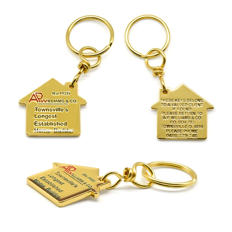 Custom own logo high quality gold house shaped metal home keychain