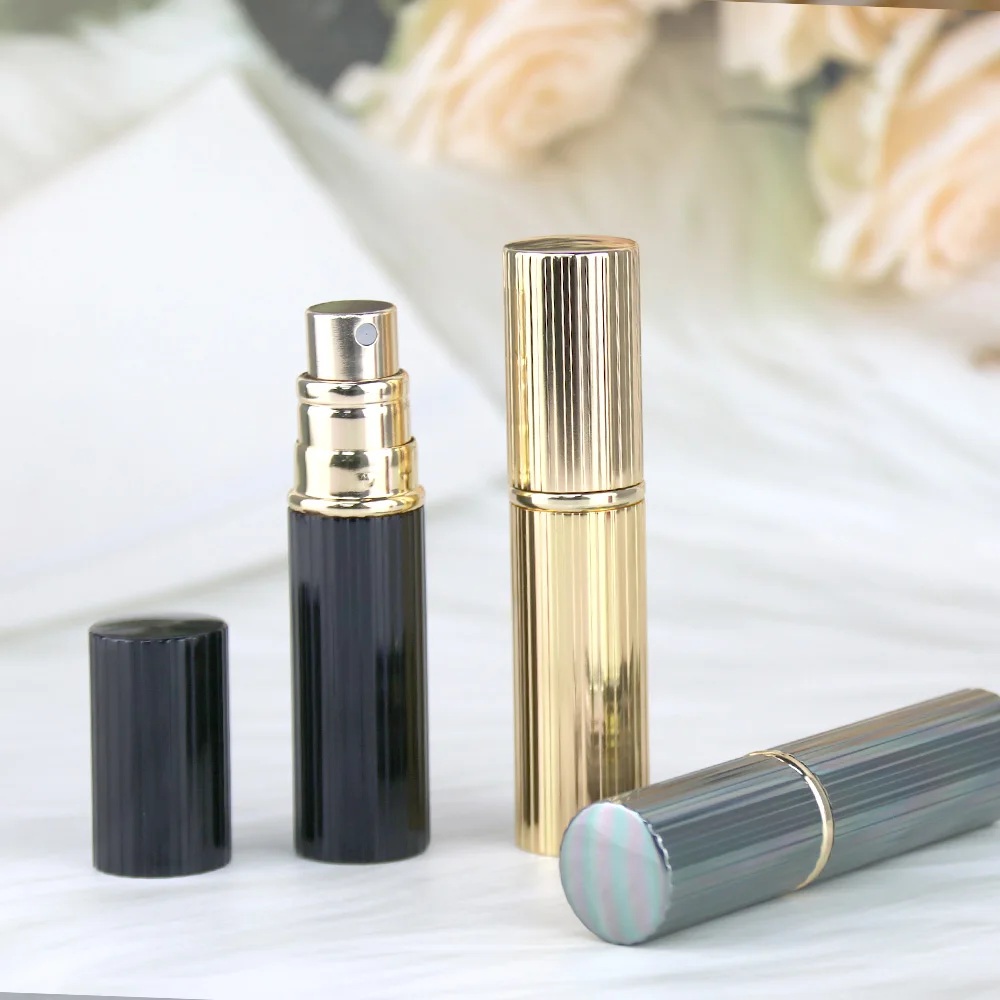 5Ml Mini stripe Spray Perfume Bottles Cheap Empty Aluminium Custom Metal Gold Perfume atomizer bottom filling black grey