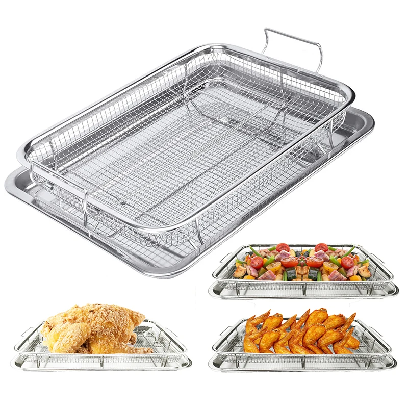 Custom Baking Grilling Serving Stainless Steel Crisper Tray Metal Mesh Air Fryer Convection Oven Fry Basket