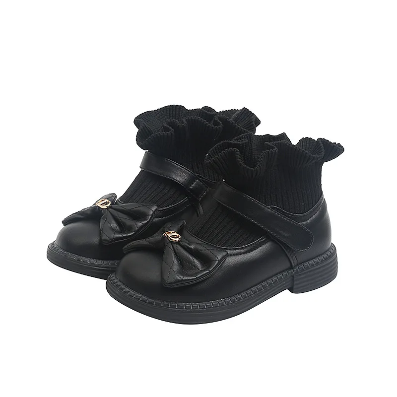 Girls Bow-Knot Touch Strap Leather Textile Boots Children Bootie with Ribbed Knit Stretch Inserts Toddler Little Kids Warm Shoes
