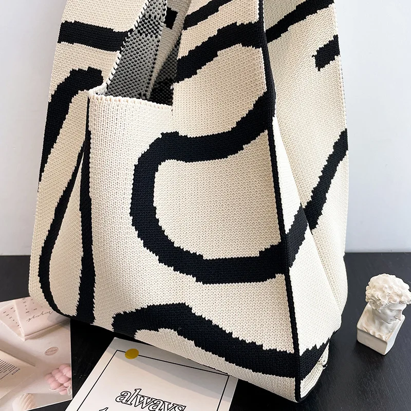 Striped Pattern Knitting Fabric Handbag Chequer Design Eco Small Shopping Bag Wool Crochet Tote Hand Bags For Women