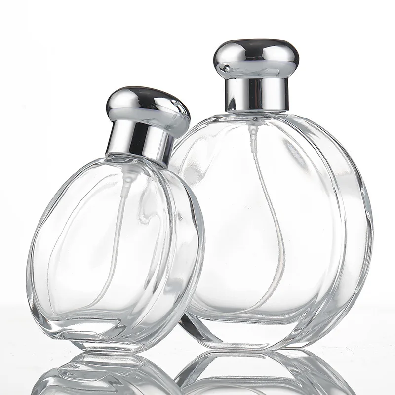 Transparent Flat Round Perfume Bottle 50ml 100ml Crimp Fragrance Glass Bottle with Atomizer