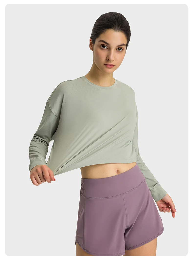 SHINBENE JACQUARD Plain Lightweight Fitness Workout Crop Pullover Women Crew Neck Long Sleeve Training Sport Cropped Sweatshirts