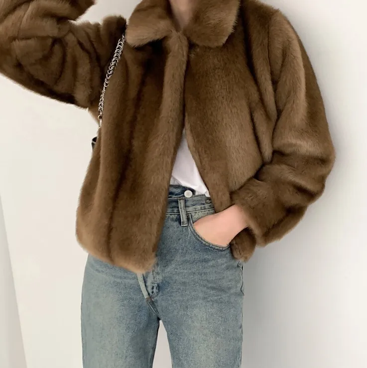 Jtfur Women Fashion Faux Fur Fluffy Plush Fur Jacket Ladies Faux Mink Fur Short Coat