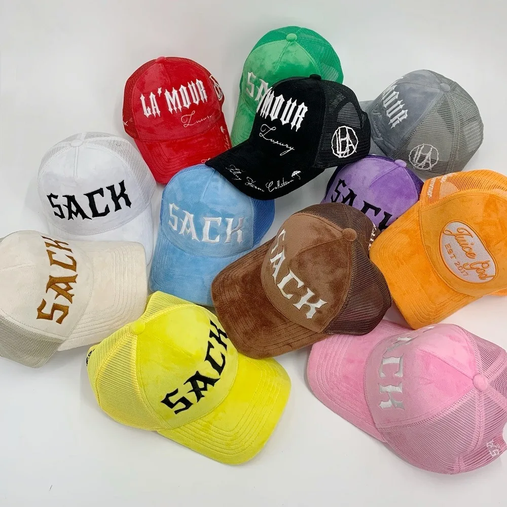 Custom high quality 3D embroidered velvet Trucker hat Suede trucker caps