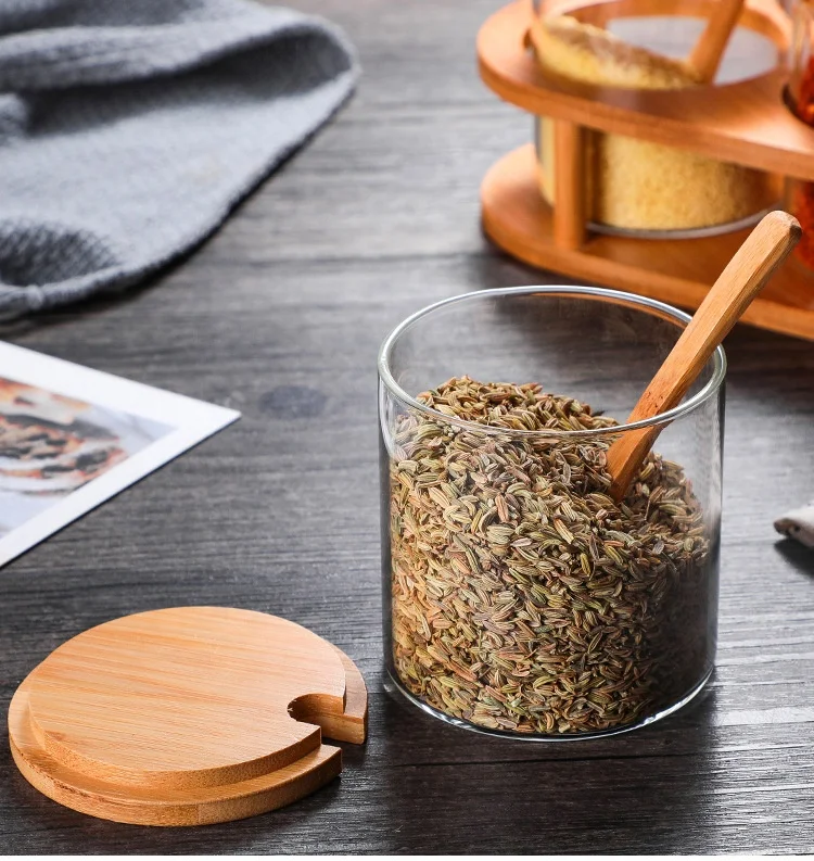 Bamboo Kitchen Utensils Creative Herb Spice Tools Glass Condiment Container Bamboo Lid Spoon Spice Jar Set