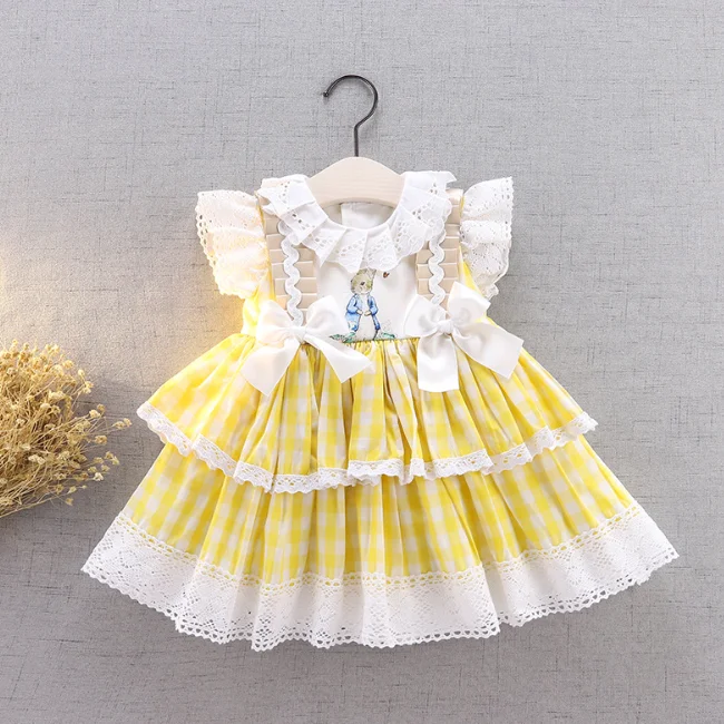 PHB 11704 yellow color cute bunny design children girls dress clothing in spain