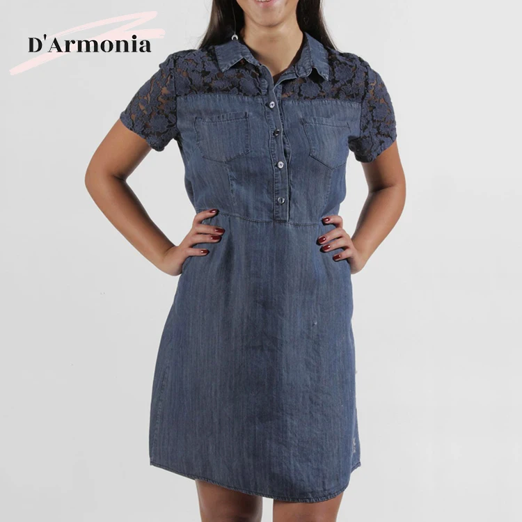 Wholesale Short Sleeve Lapel Casual Dress 100% Tencel Dark Blue Womens Dresses