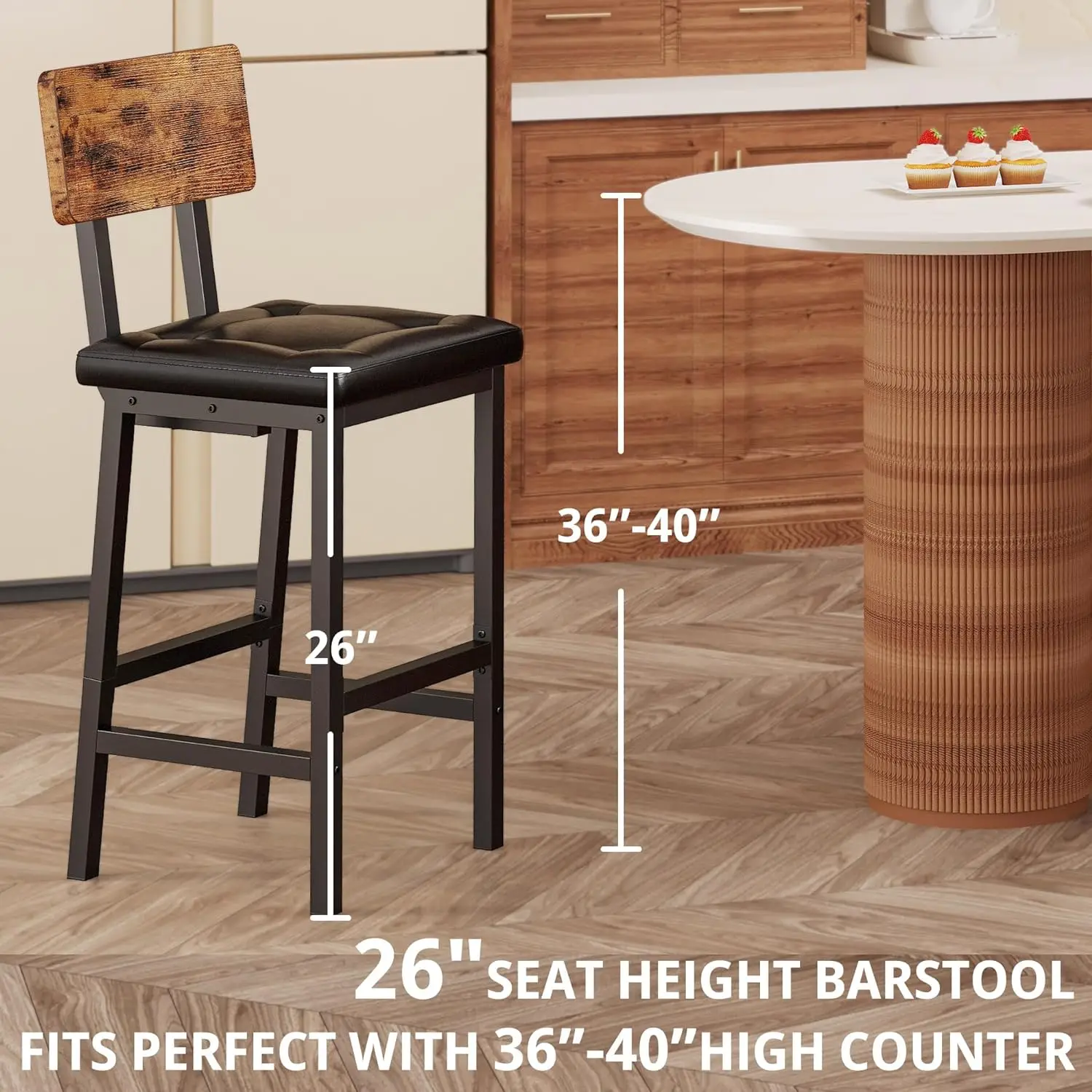 Square Pu Upholstered Bar Stool With Backrest And Foot Pedals Thick Upholstered Stool For Kitchen Counter Bar Pack of 2