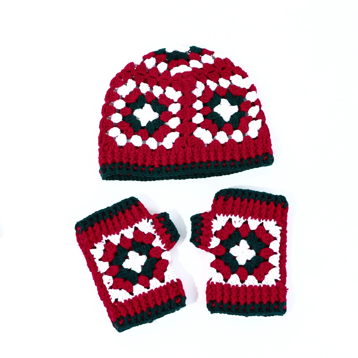 Crochet Winter Hat and Fingerless Gloves Knitted Winter Accesory Set Boho Retro Granny Square Crochet Accessory Gift For Her