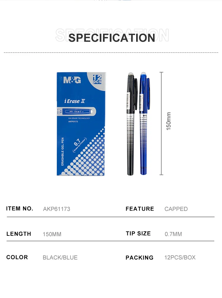 New Technology 0.7mm Black Blue Erasable Gel Pen With Eraser