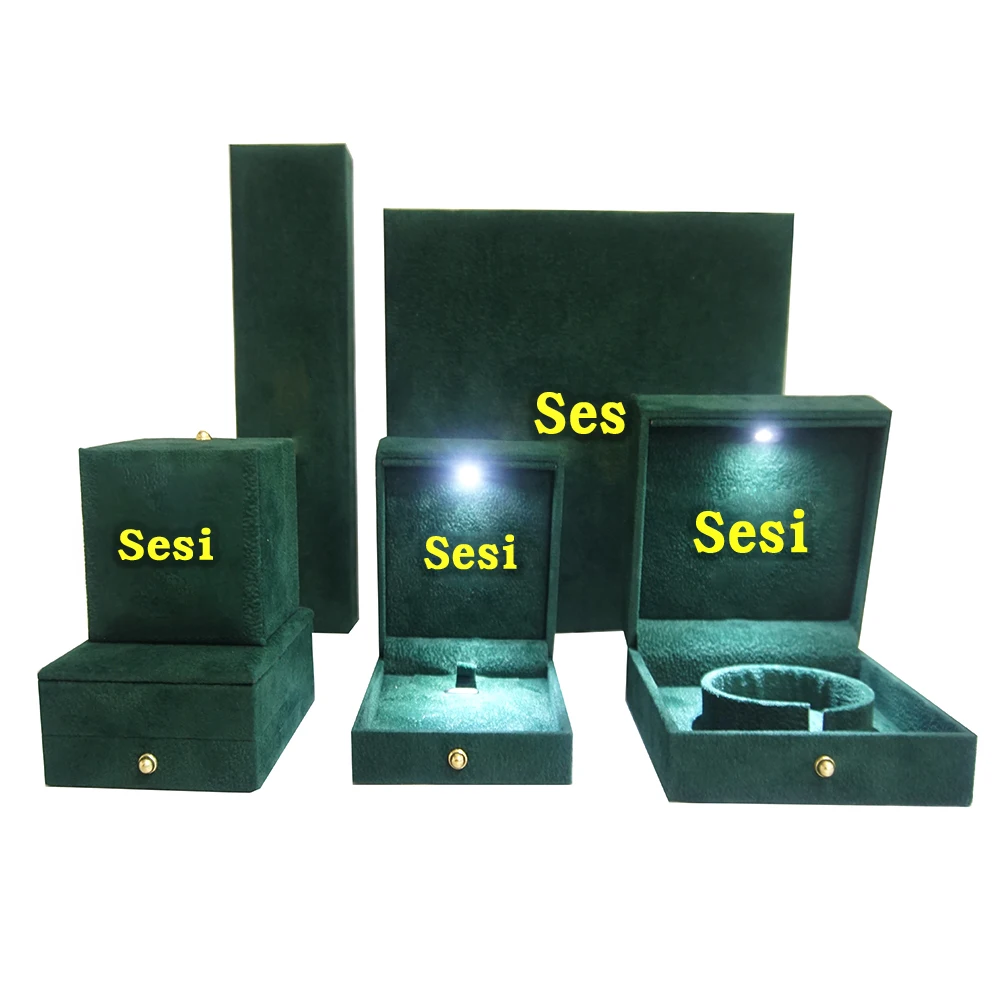 SESI Custom Boite A Bijoux Avec Lumiere Earring Necklace Ring  Led Jewelry Box Velvet Green Jewel Box Packaging With Led Light