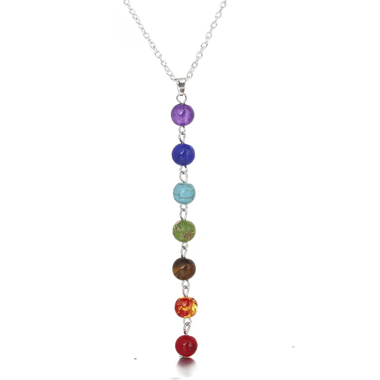SUXUAN 7 Chakras Yoga Pendant Necklace Fashion 8mm Line Knitting Amethyst Tiger Eye Crystal Stone Beads Quartz Necklace