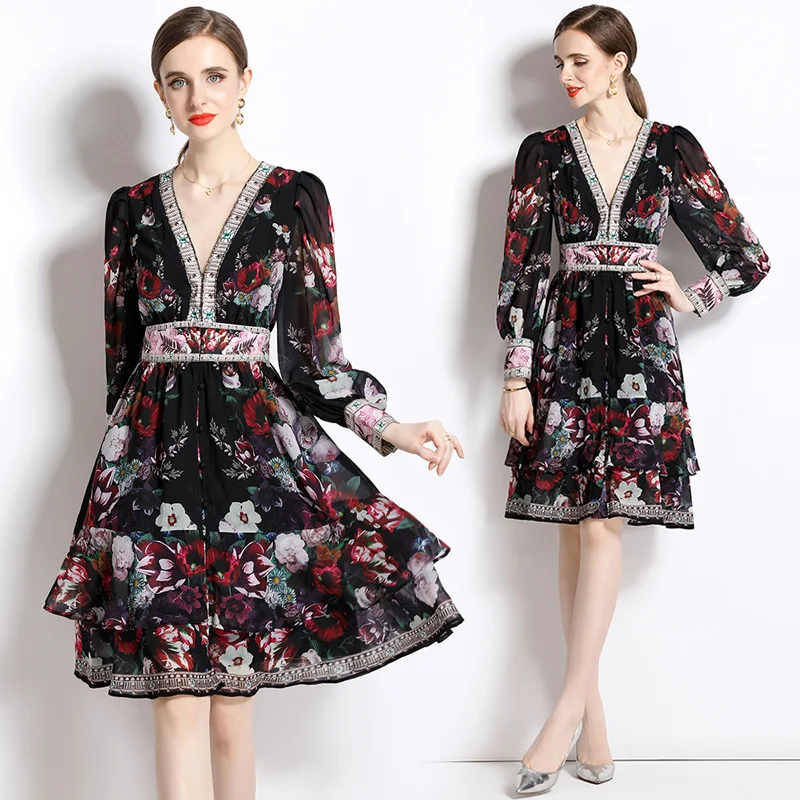 New deep V-neck balloon sleeves wavy print temperament dress QP6659078