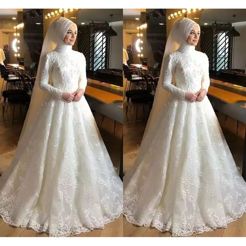 Muslim Wedding Dresses for Women  Luxury Long Wedding Gowns Lace Applique Bead Elegant Bride Dress