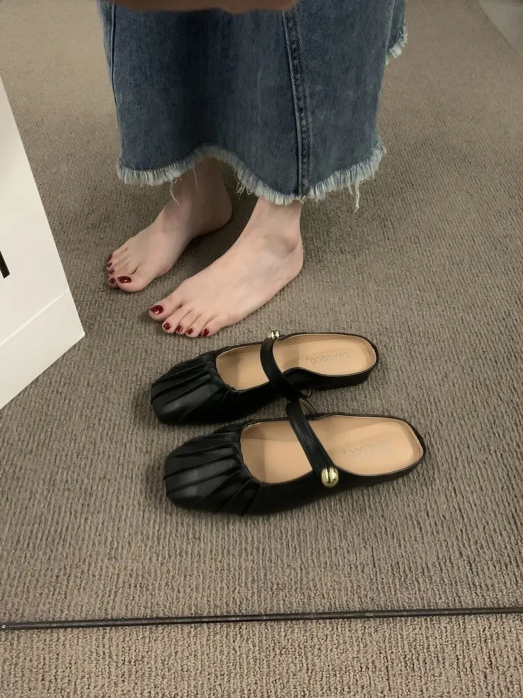 High-quality luxury brand silver baotou half drag flat sandals women wear 2023 new Muller flip-flops women