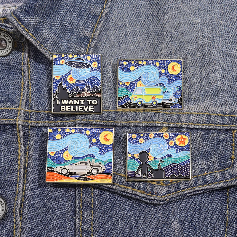 Night Sky Oil Painting Metal Pins Custom I Want To Believe Cartoon Brooches Wholesale Funny Enamel Lapel Pin