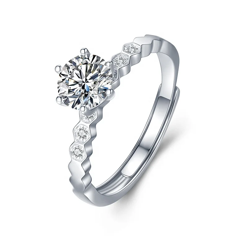 Trendy Round Moissanite Diamond Ring 925 Sterling Silver with Rhodium Plating Adjustable for Wedding Party or Anniversary