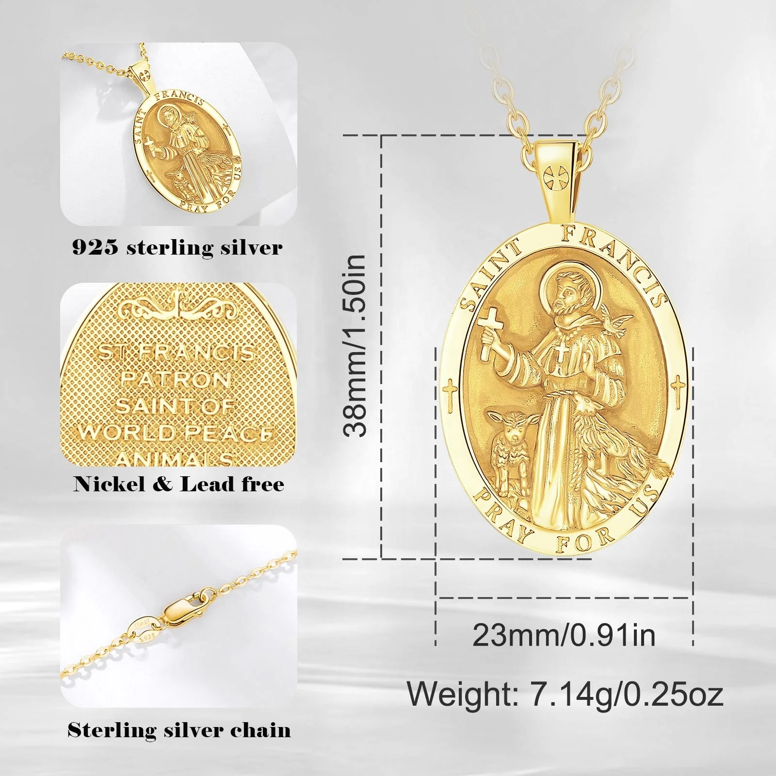 Fine Jewelry 925 Sterling Silver 18K Gold Plated Seal of the Seven Archangel Francis Amulet Pendant Necklace for Men or Women