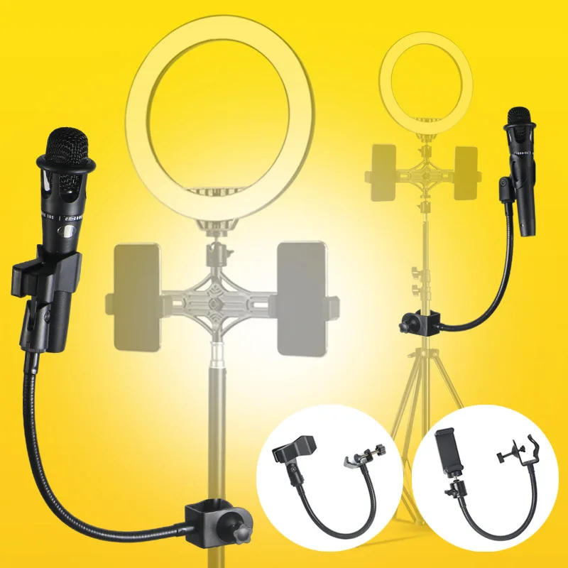 Adjustable Microphone 13' stand with clip on flexible gooseneck phone and tablet PC holder