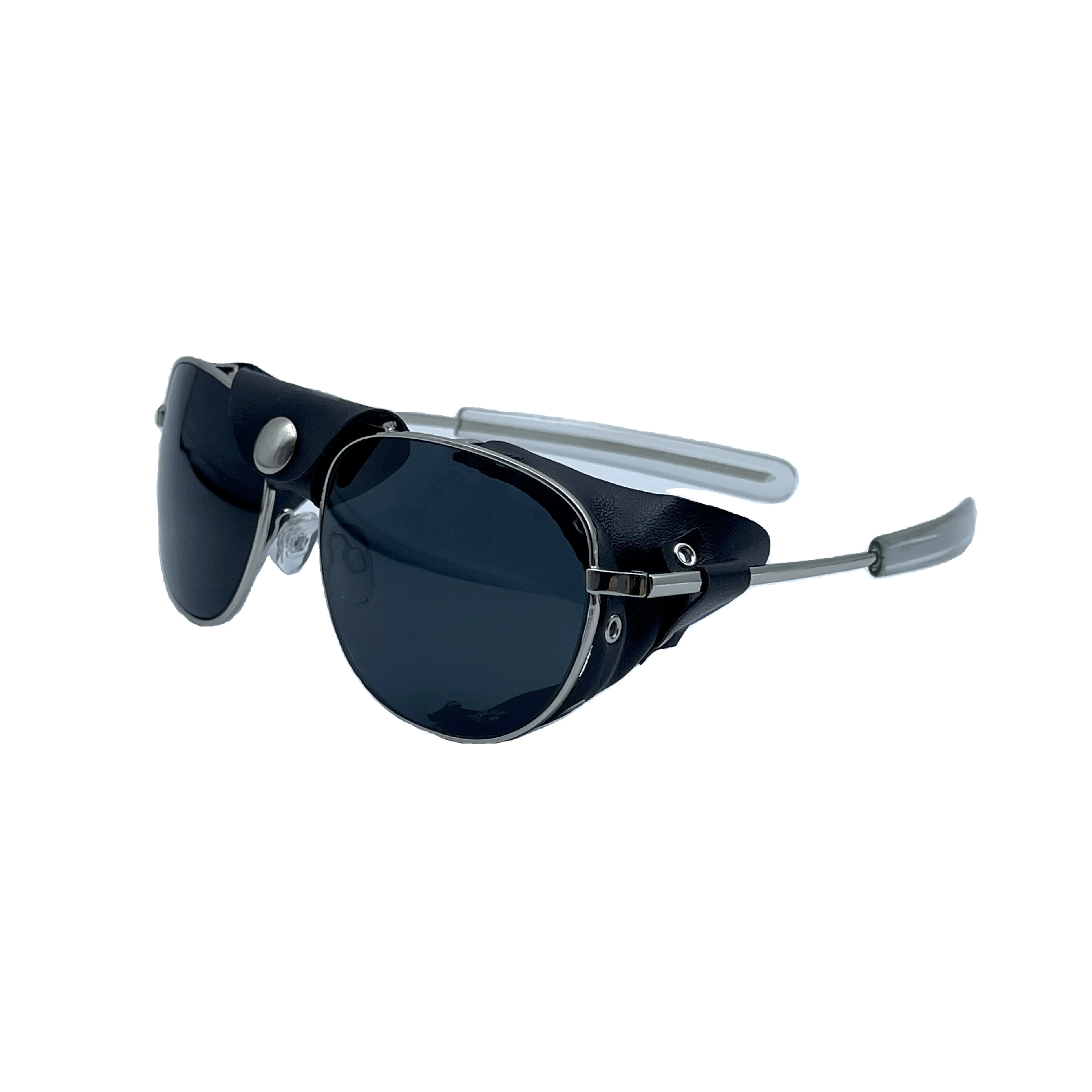 Side Shield Factory Custom Logo Uv400 Polarized Motor motorcycle Riding Safety Metal PU Steampunk Leather Unisex sunglasses