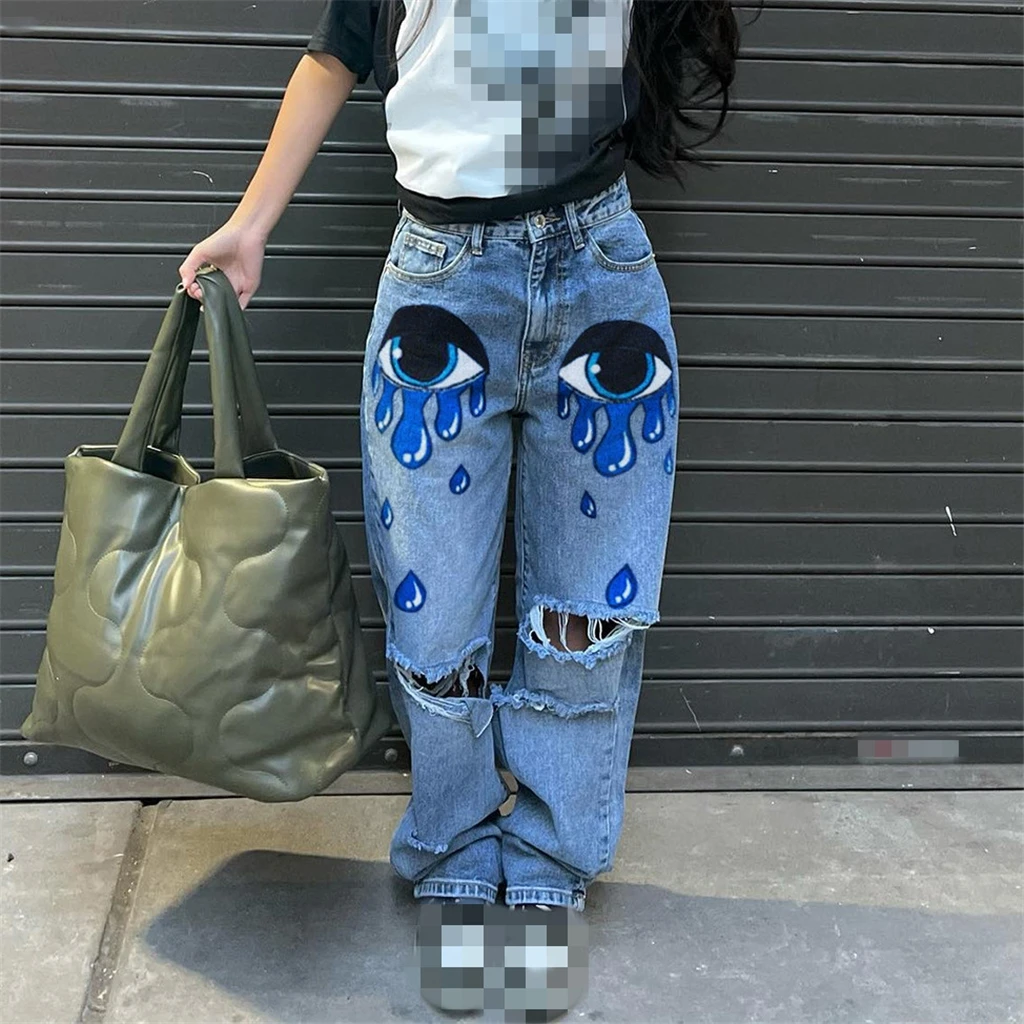 ZHEZHE Casual New Fashion Streetwear Fall Sexy Pants Blue Ripped Printed  Straight Jeans Denim Ripped Jeans Pants For Women