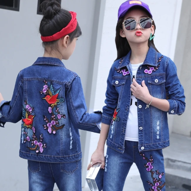 SE3188 4-12 years big girl clothing fashion and comfortable jeans jacket 3pcs set denim jacket+jeans+shirt set