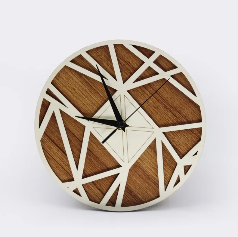 Customized Laser Cut Wood Craft Modern Silence Geometric Decorative Watch Wood Round Wall Clock for Home Decor