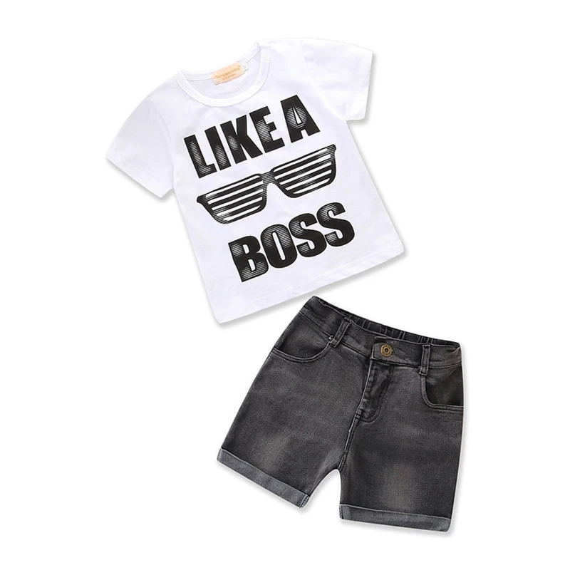 Детский топ с коротким рукавом и буквенным принтом + джинсовые шорты, повседневная одежда из 2 предметов для маленьких мальчиков, комплекты для маленьких мальчиков, летняя одежда