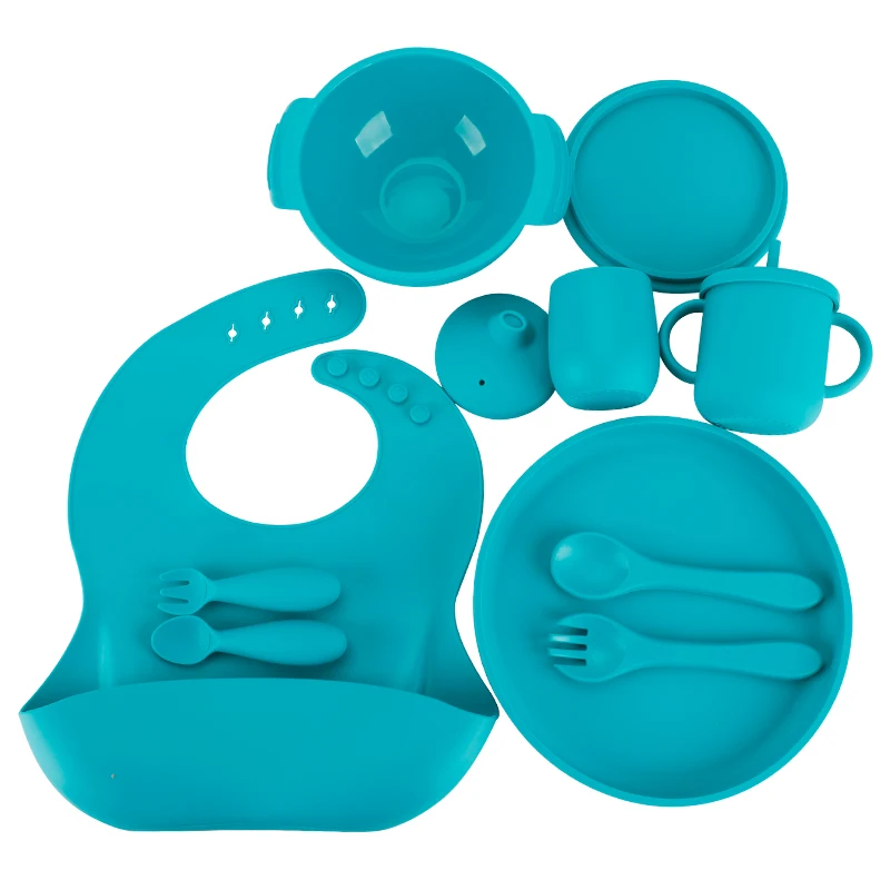 Hot Sale Certified 10PCS Silicone baby feeding set Suction Plate Snail Bowl Bib Spoon Fork Set