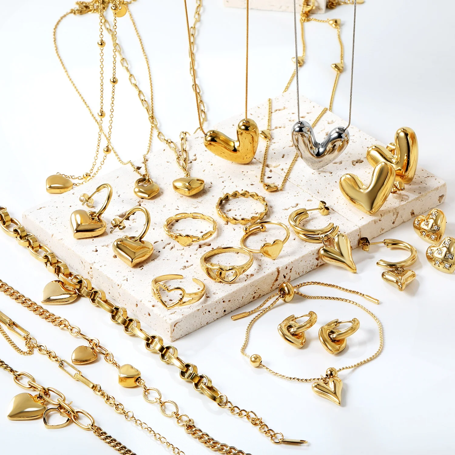 Hypoallergenic Gold Plated Geometric Jewelry Sets Stainless Steel Chunky Heart Shape Necklace Bracelet Rings Earrings For Women