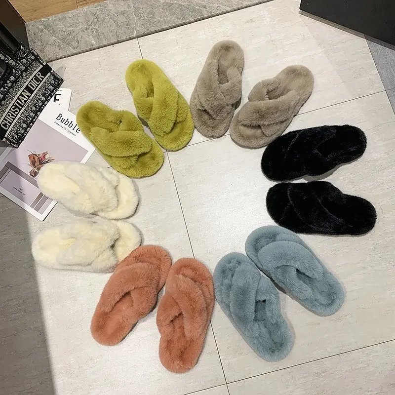 Fashion indoor outdoor home soft plush slippers Cross Furry Female Open Toe Slides Fashion Shoes