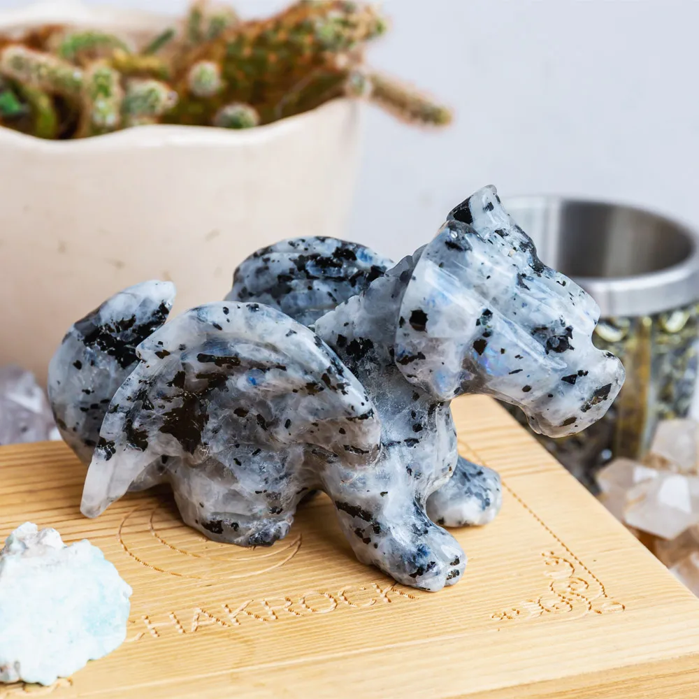 Wholesale natural healing stone hand craved folk crafts rainbow moonstone crystal flying dragon skulls for home decorations