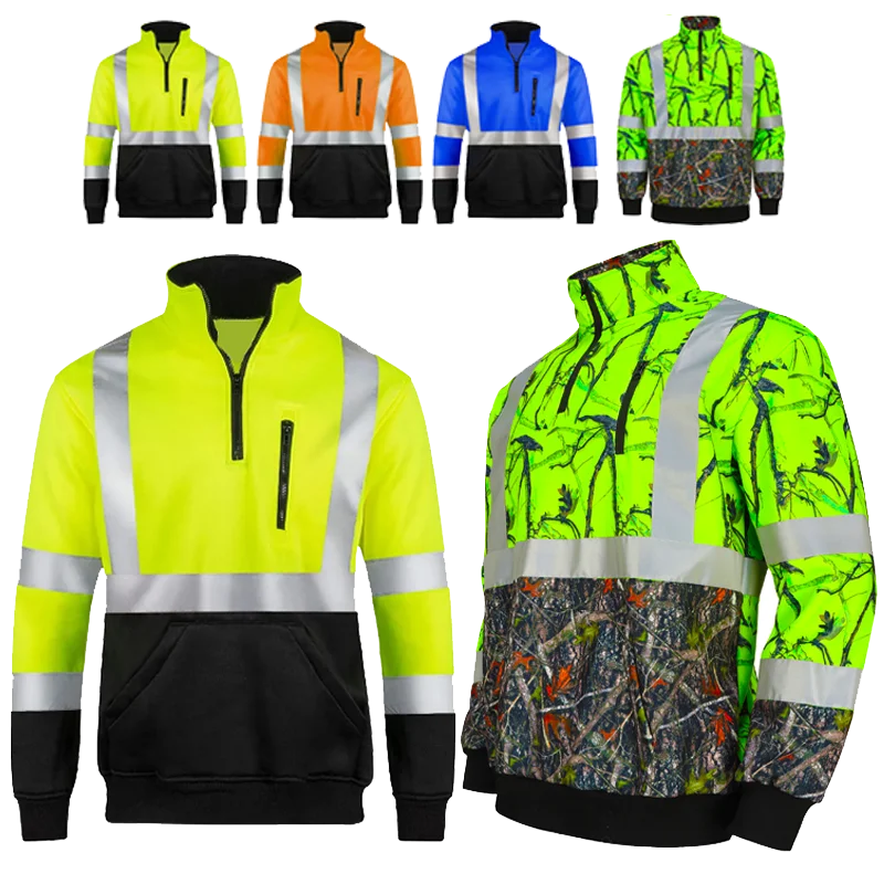 ANSI Long Sleeve 1/4 Zipper Hi Vis Fleece Sweater Reflective High Visibility Safety Camouflage Workwear Sweatshirt