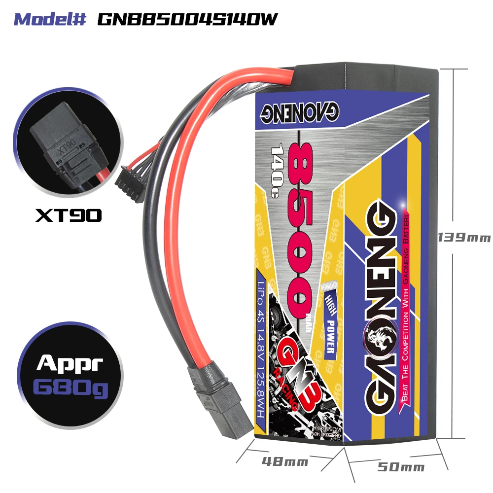 GNB GAONENG 8500MAH 4S 4S2P 14.8V 140C XT90 Cabled Hard Case RC LiPo Battery 1:8 1/8 RC Racing Car Boat Truck Truggy