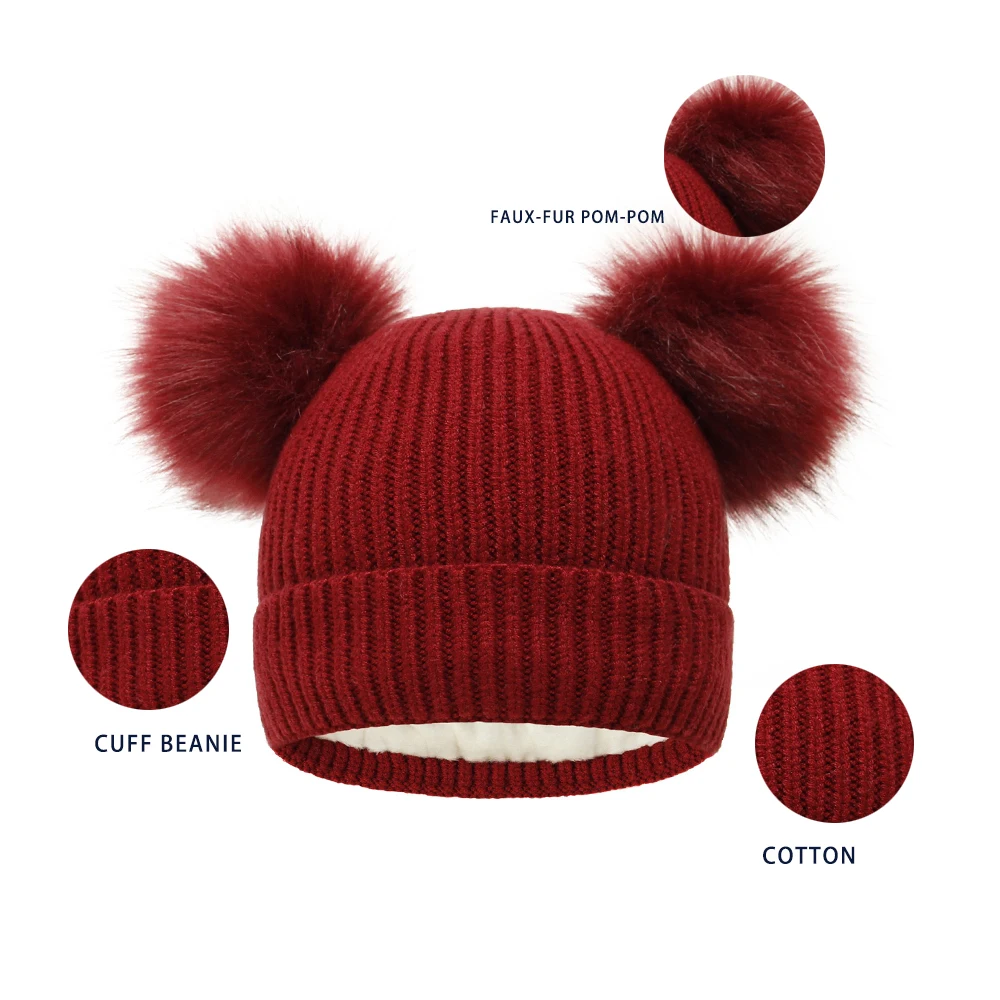 Cute Baby Beanie Kids Winter Fur Pompom Hat Organic Cotton Knitted Toddler Double Pom Beanie Cap for Girls Boys