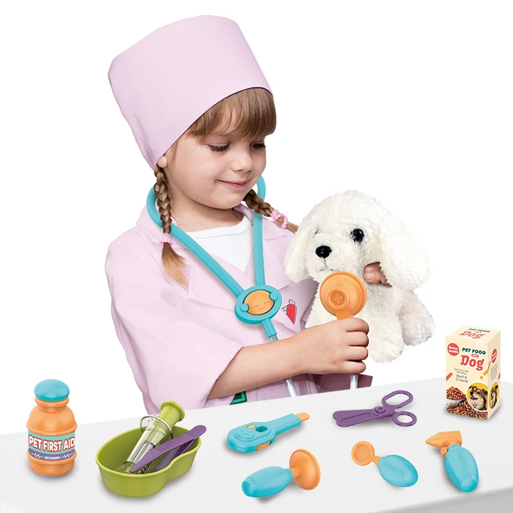 Children Vet Kits with Toy Dog Bag Pretend Play Veterinarian Pet Care Medical Doctor Toy Play Set for Kids Girls