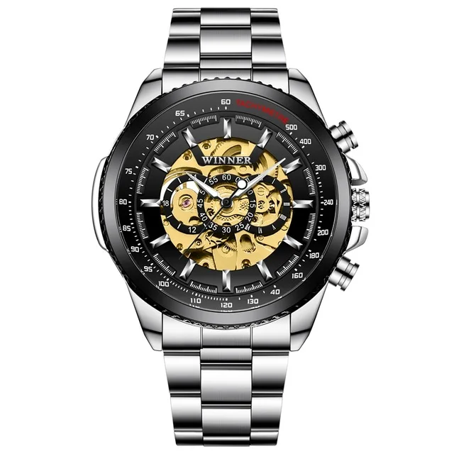 Winner Top Brand Luxury Men Mechanical Watch Golden Stainless Steel Strap Skeleton Dial Luminous Skull Design Wrist Watch