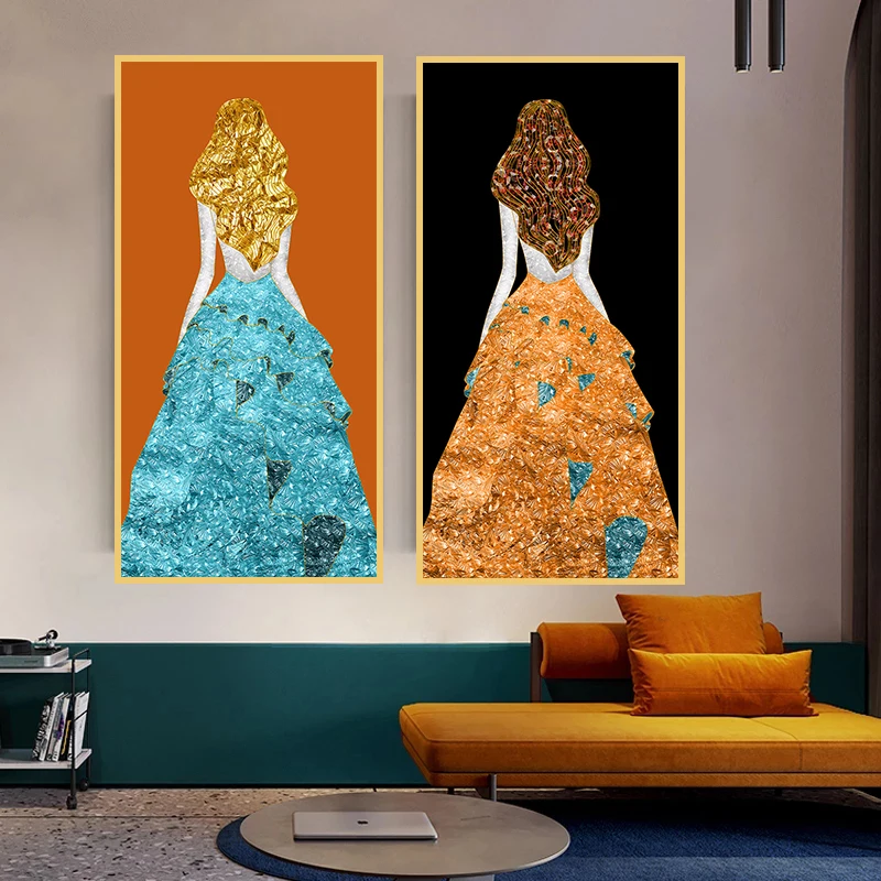 Nordic Modern Long Dress Woman Abstract Fashion Canvas Painting Art Print Sexy Lady Poster Wall Picture for Living Room Decor