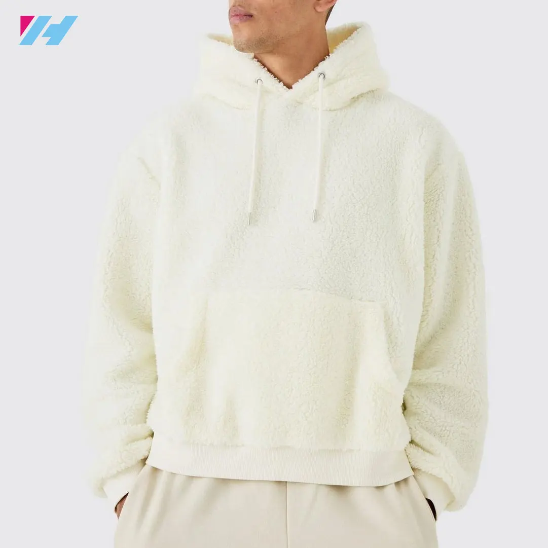 Oem Custom Brown Oversized Lambs Wool Fleece Cropped Boxy Boucle Borg Hoodie